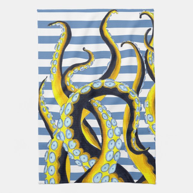 Octopus Tentacles Blue Stripes Kitchen Towel (Vertical)
