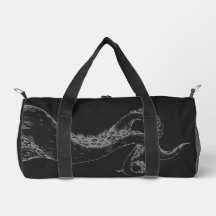 octopus tentacles grey on black duffle bag