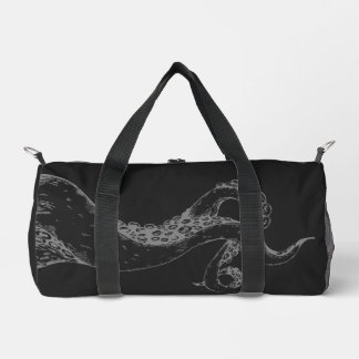 octopus tentacles grey on black duffle bag