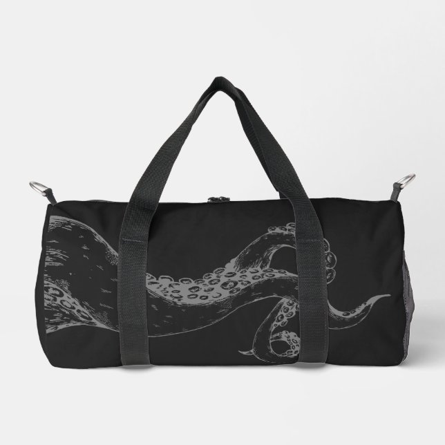 octopus tentacles grey on black duffle bag (Front)