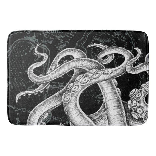 Octopus Tentacles Vintage Map Black Bath Mat (Front)