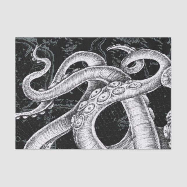 Octopus Tentacles Vintage Map Black Tissue Paper (Front)