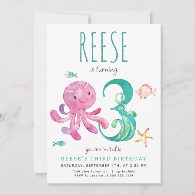 Octopus Third Birthday Invitation (Front)