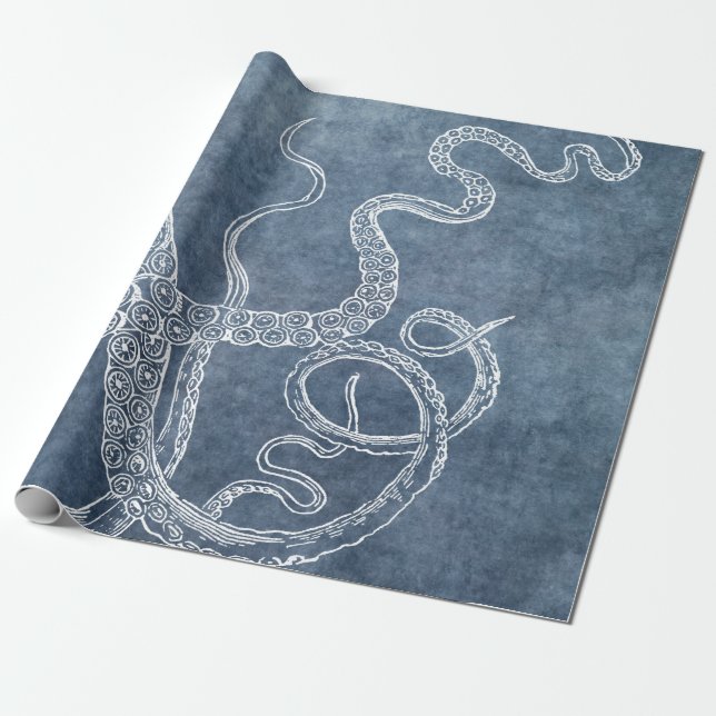 Octopus Twilight Blue Denim Watercolor Art Wrapping Paper (Unrolled)