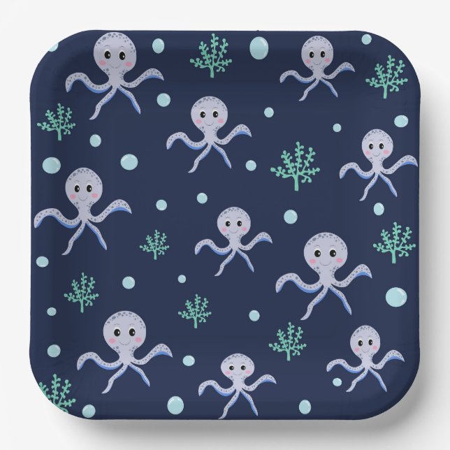 Octopus under the sea kids pattern paper plate (Front)