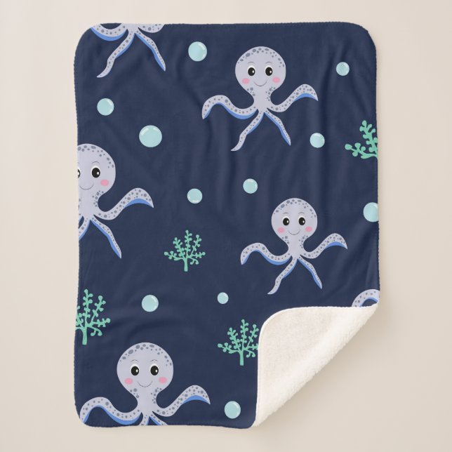 Octopus under the sea kids pattern sherpa blanket (Front)