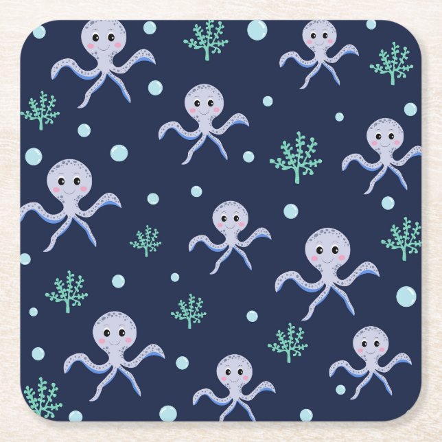 Octopus under the sea kids pattern square paper coaster (Front)