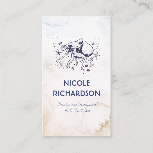 Octopus - Under the Sea - Nautical Navy Watercolor Business Card (Front)