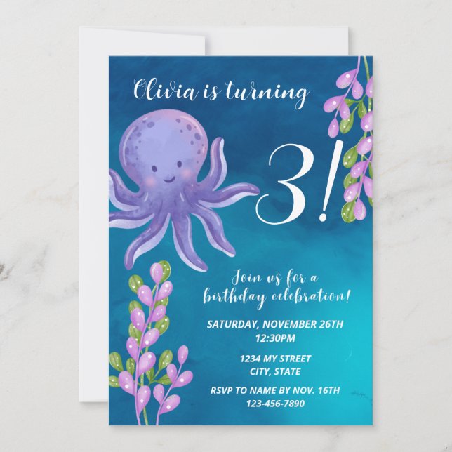 Octopus violet Invitation d'anniversaire (Devant)