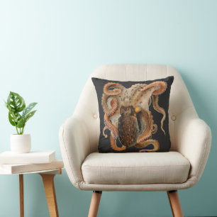 Octopus Vulgaris, Vintage Marine Life Animals Throw Pillow