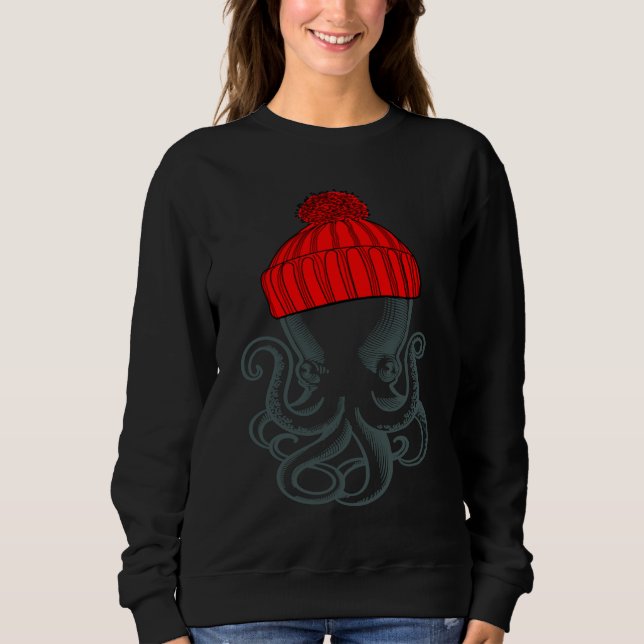 Octopus Wearing a Beanie Stocking Hat Graphic Sweatshirt (Front)