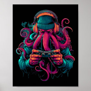 Octopus Wearing Beanie Gaming Retro Graphic  Poster