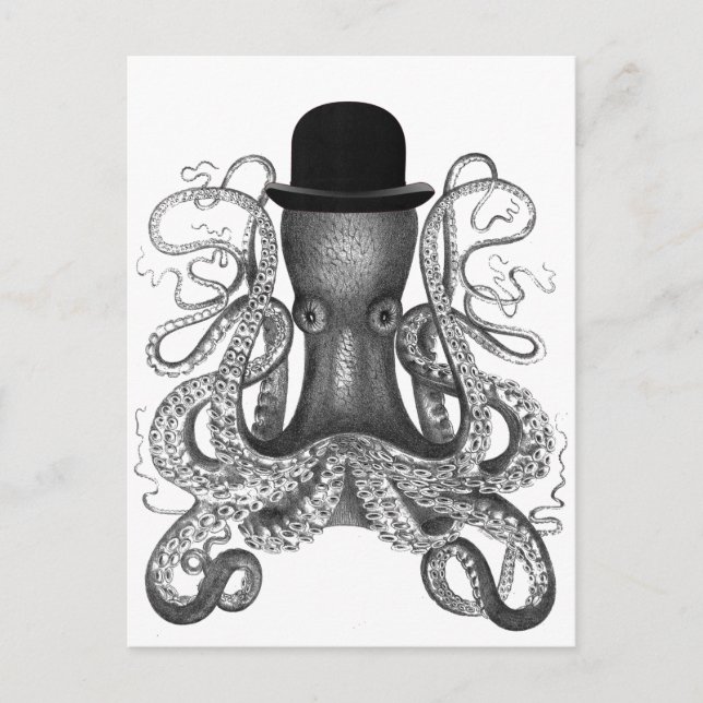 Octopus Wearing Bowler Hat, Vintage, Octopus Art Postcard (Front)