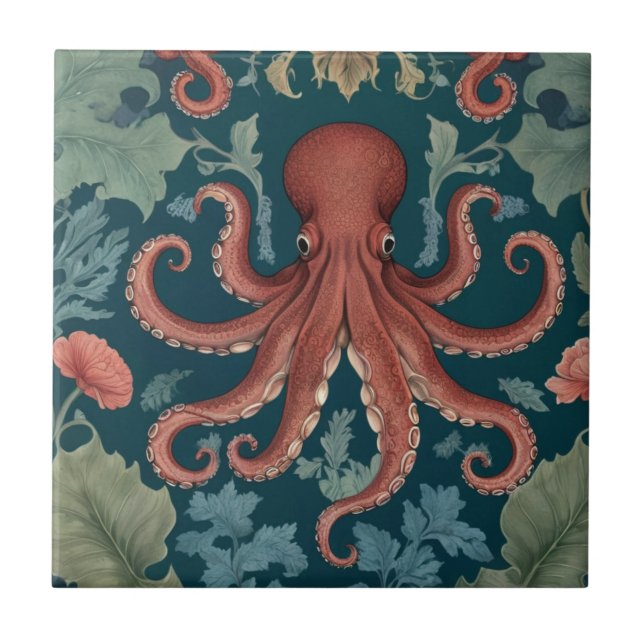Octopus William Morris style Sea Ocean Marine Tile (Front)