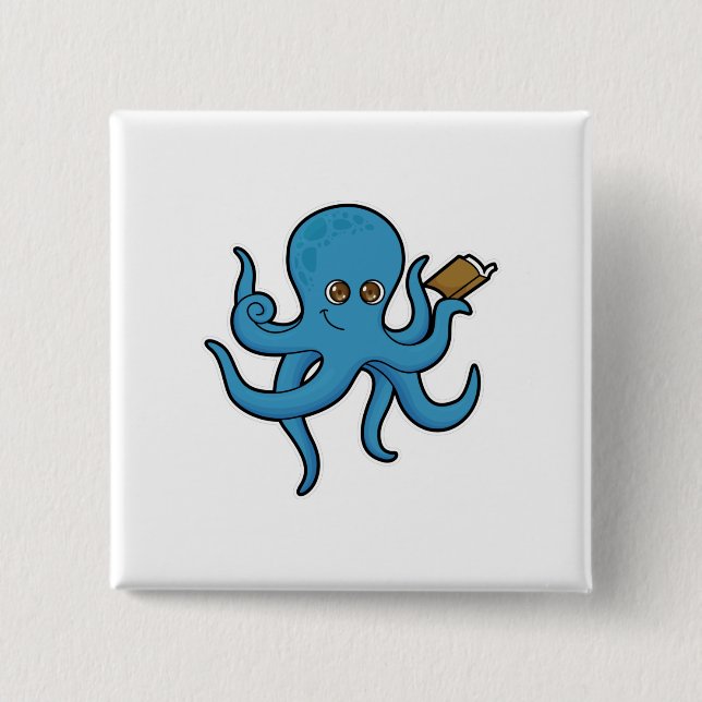 Octopus with Book 2 Inch Square Button (Front)