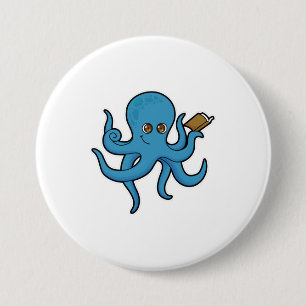 Octopus with Book 3 Inch Round Button