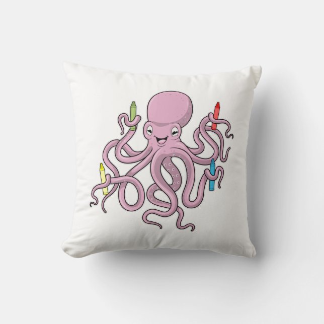 Octopus with Crayon Throw Pillow (Front)