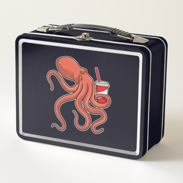 Octopus with Drink Metal Lunch Box (Front)