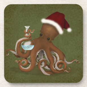 Octopus With Glass Flask & Santa Hat Christmas Coaster