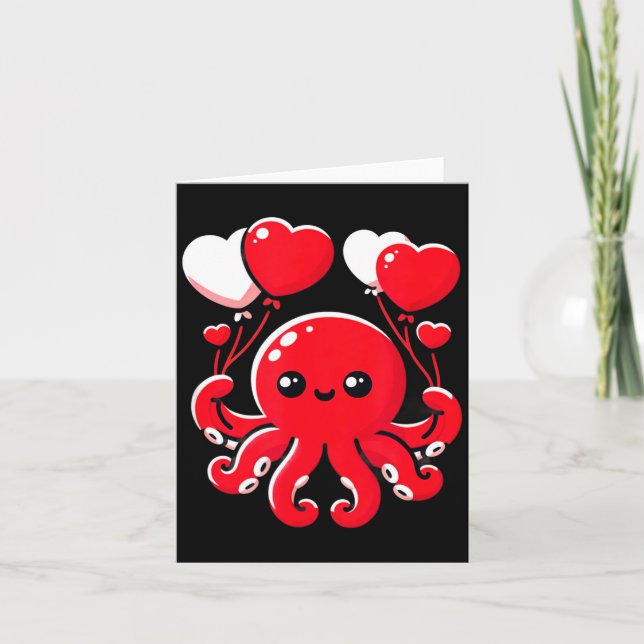 Octopus With Heart Balloons Adorable Valentines Da Card (Front)
