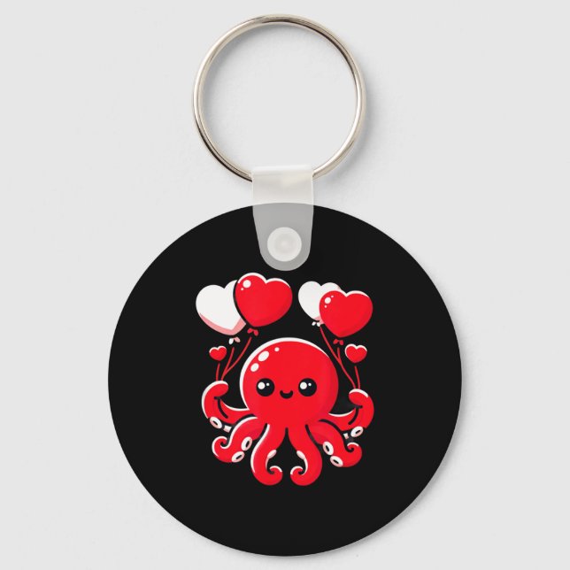 Octopus With Heart Balloons Adorable Valentines Da Keychain (Front)