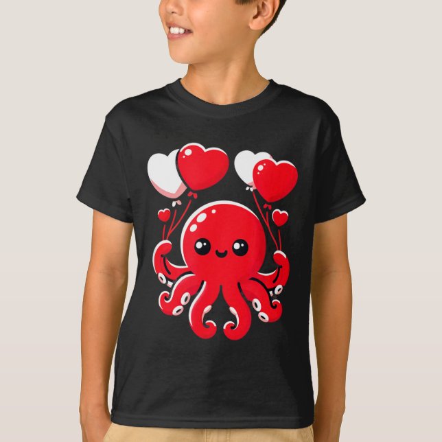Octopus With Heart Balloons Adorable Valentines Da T-Shirt (Front)