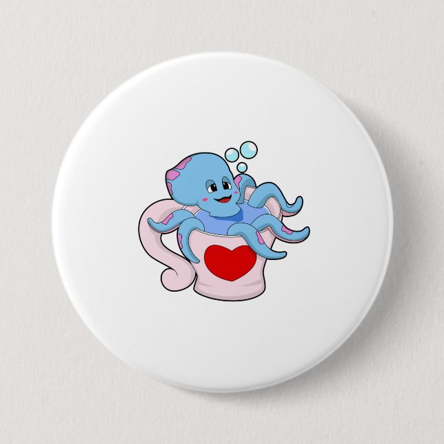 Octopus with Heart Cup.PNG 3 Inch Round Button (Front)