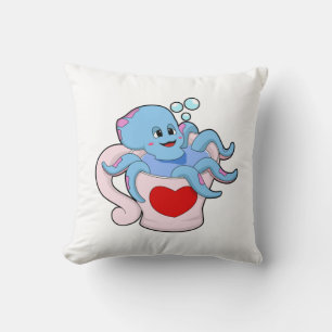Octopus with Heart Cup.PNG Throw Pillow