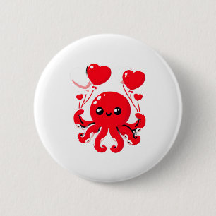 Octopus With Heart Lloons Adorable Valentines Day  2 Inch Round Button
