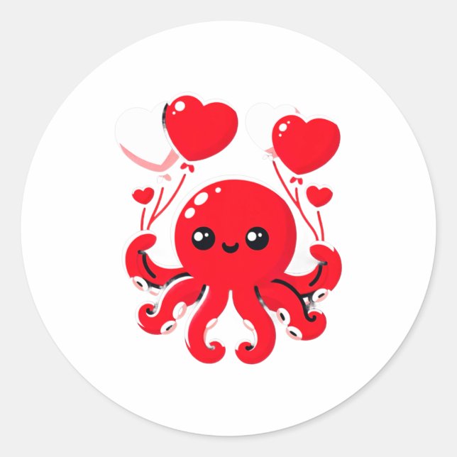 Octopus With Heart Lloons Adorable Valentines Day  Classic Round Sticker (Front)