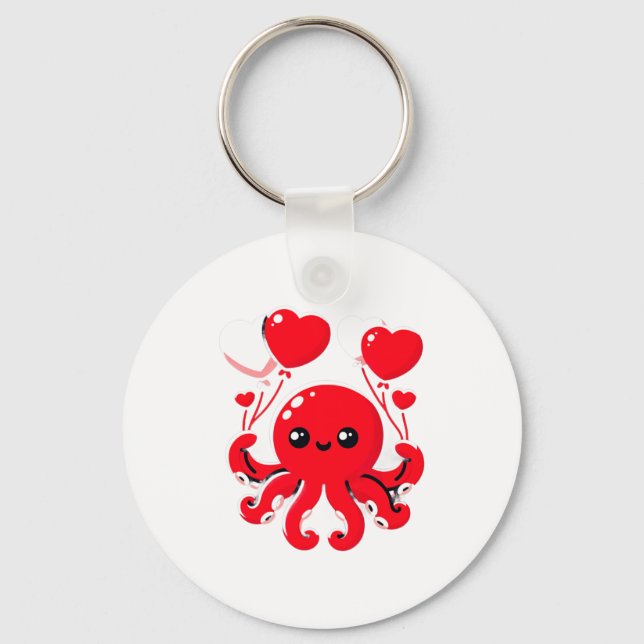 Octopus With Heart Lloons Adorable Valentines Day  Keychain (Front)