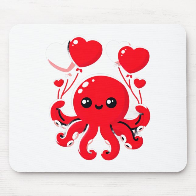 Octopus With Heart Lloons Adorable Valentines Day  Mouse Pad (Front)