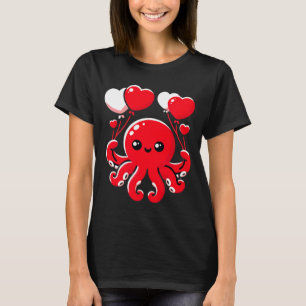 Octopus With Heart Lloons Adorable Valentines Day  T-Shirt