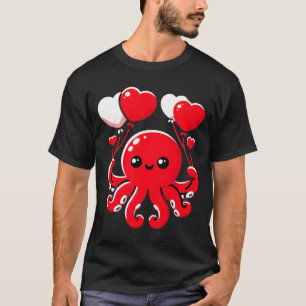 Octopus With Heart Lloons Adorable Valentines Day  T-Shirt