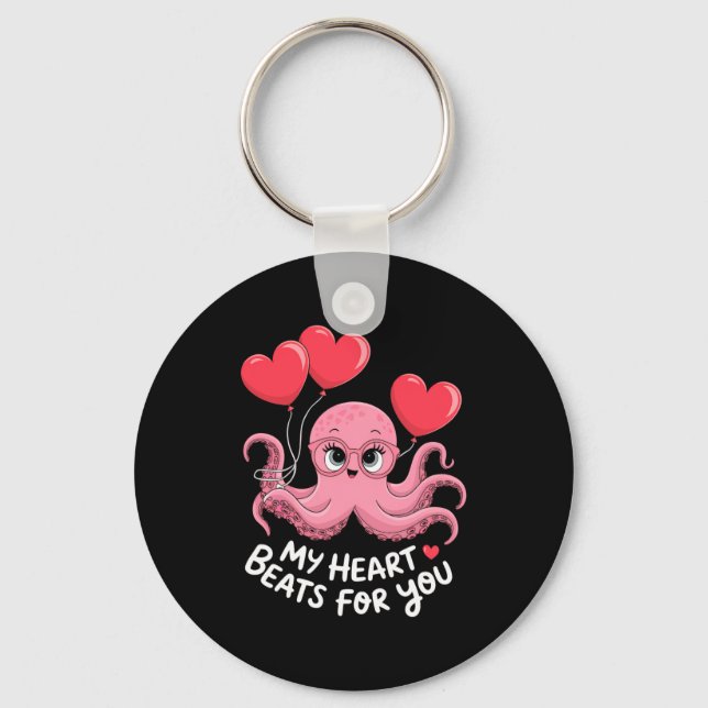 Octopus With Heart Lloons My Heart Beats For You V Keychain (Front)