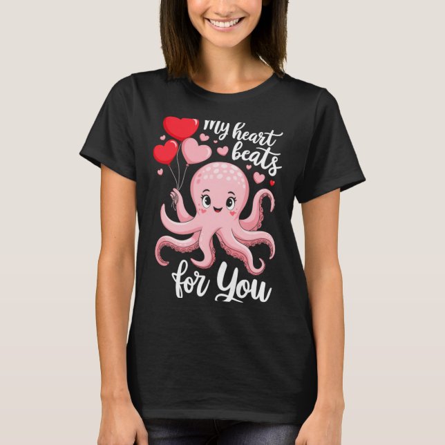 Octopus With Heart Lloons My Heart Beats For You V T-Shirt (Front)