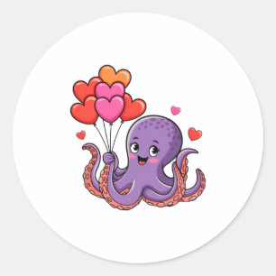 Octopus With Heart Lloons Valentine Day  Classic Round Sticker