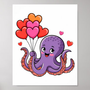 Octopus With Heart Lloons Valentine Day  Poster