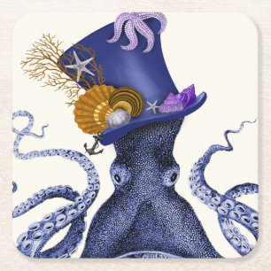 Octopus with Nautical Hat Square Paper Coaster
