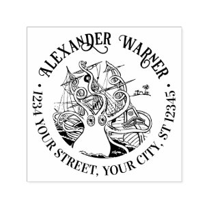 Octopus Wrapped Around Ship #2 Name Return Address Self-inking Stamp