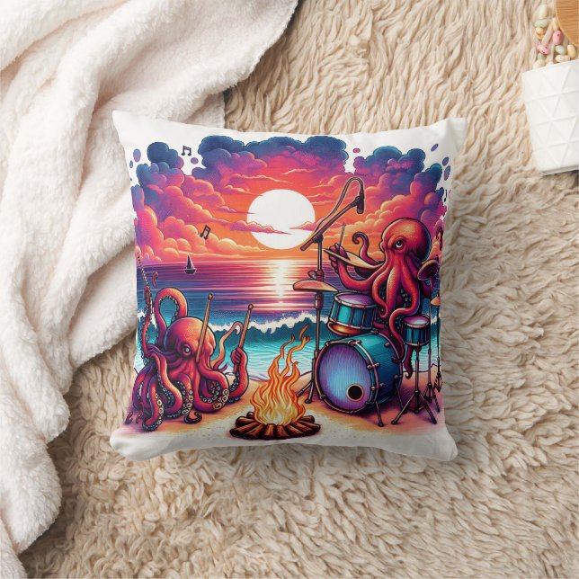 Octopuses Playing Music by the Sunset Beach Throw Pillow (Blanket)