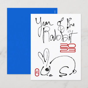 Odd Rabbit original ink Drawing Chinese Year Birth Holiday Postcard