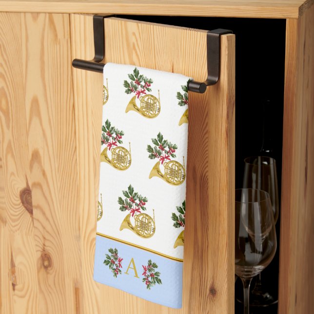 Ode to The Nutcracker French Horn Blue Accent Kitchen Towel (Thirds Fold)