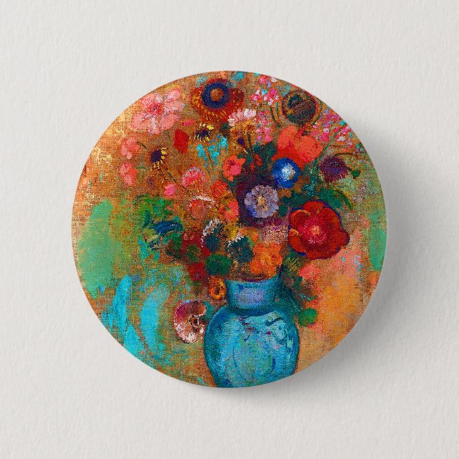 Odilon Redon Flower Bouquet in Blue Vase 2 Inch Round Button (Front)