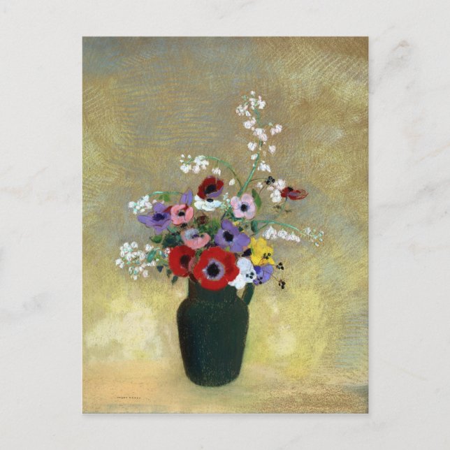 Odilon Redon Large Green Vase with Mixed Flowers Postcard (Front)