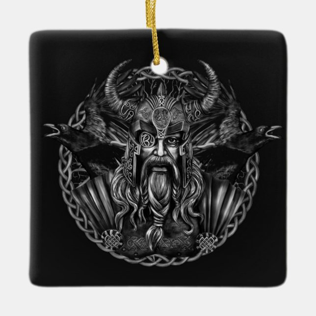 Odin and his ravens Huginn and Muninn Ceramic Ornament (Front)