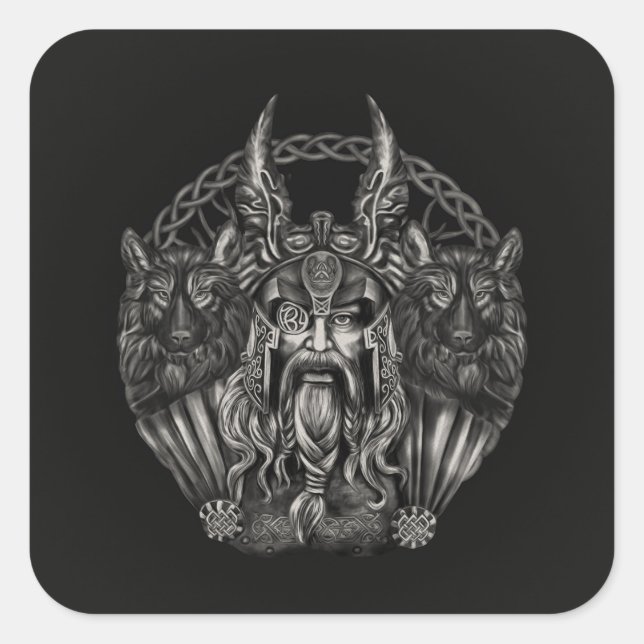 Odin and his wolves Geri and Freki Square Sticker (Front)