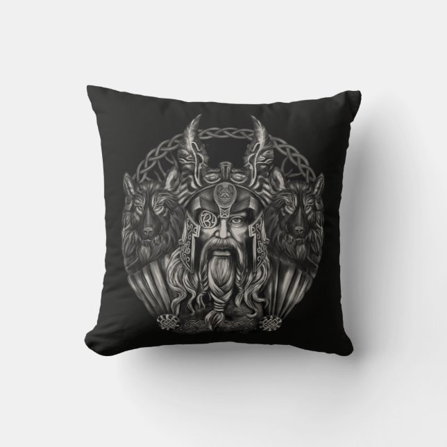 Odin and his wolves Geri and Freki Throw Pillow (Front)
