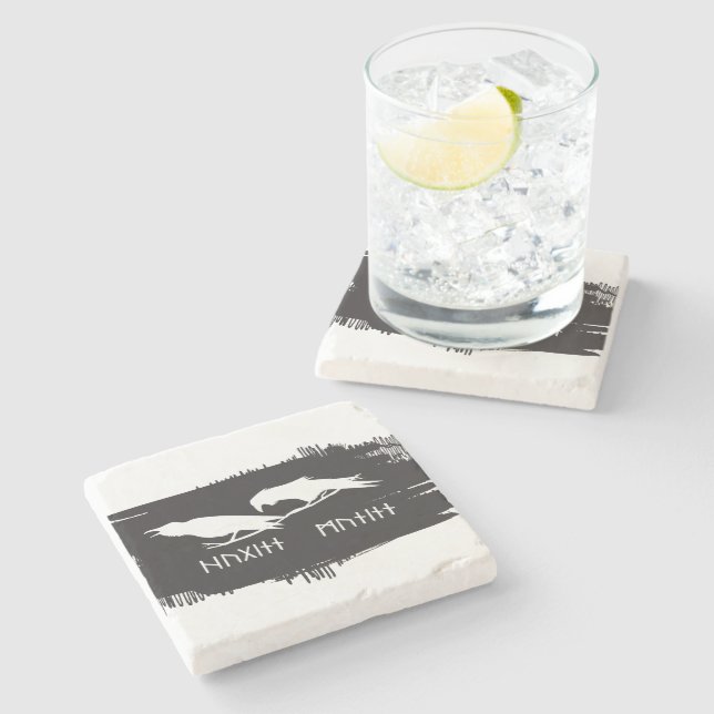 Odin Hammer runes ravens Viking Mythology Valhalla Stone Coaster (Side)