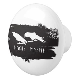 Odin Raven Crow Viking Mythology runes runic Ceramic Knob